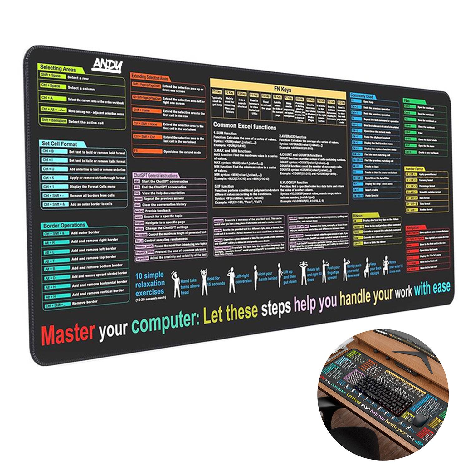 Large Dirt-Resistant Non-Slip Excel Shortcut Mouse Pad
