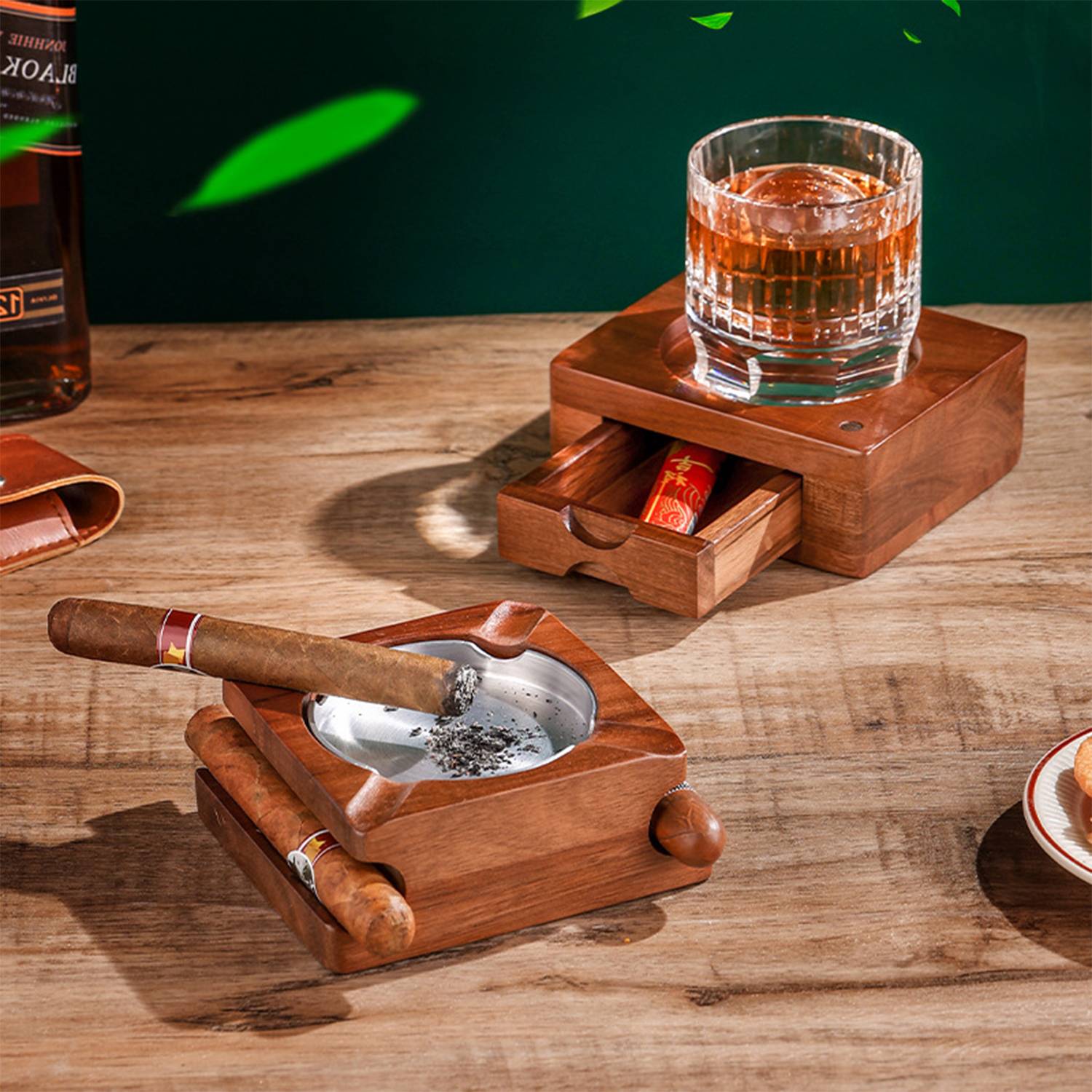 Detachable Wooden Cigar Ashtray w/ Drawer