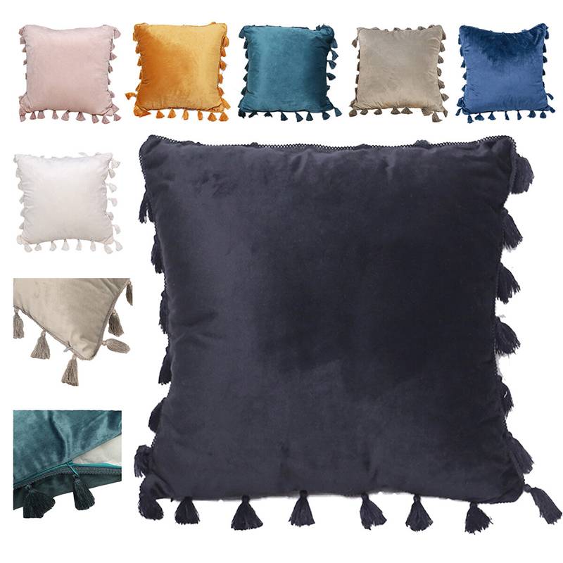 Soft Velvet Solid Square Throw Pillow With Tassels