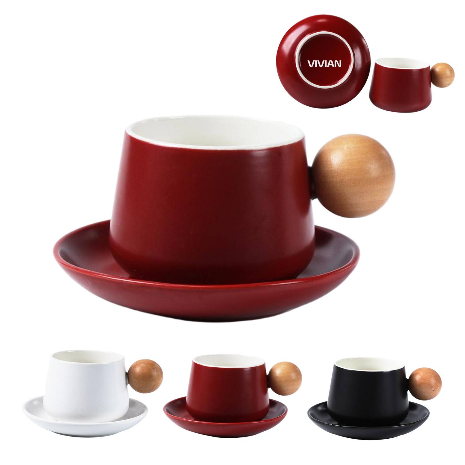 11oz Wooden Handle Ceramic Coffee Cup Saucer Gift Set