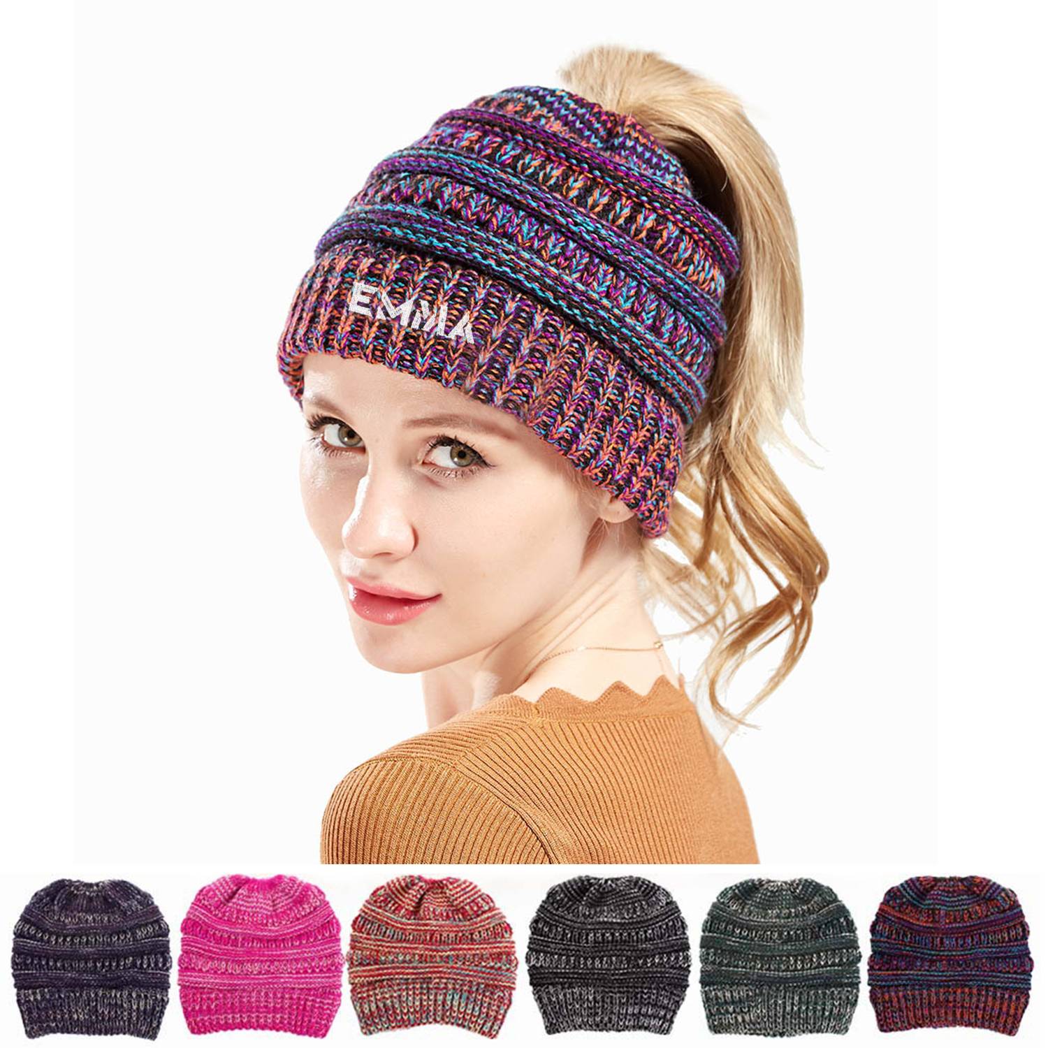 Stretchy Cable Knit Hat for Messy High Buns & Ponytails