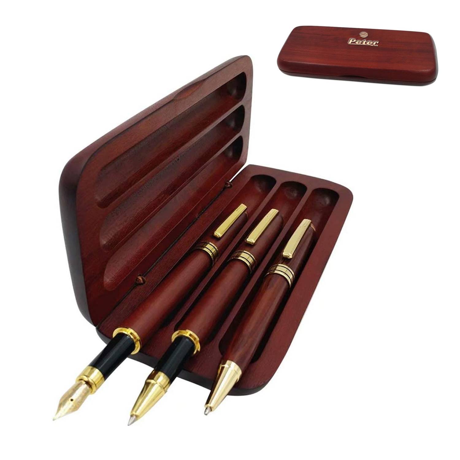 3Pcs Smooth Writing Wooden Pen Set w/ Case