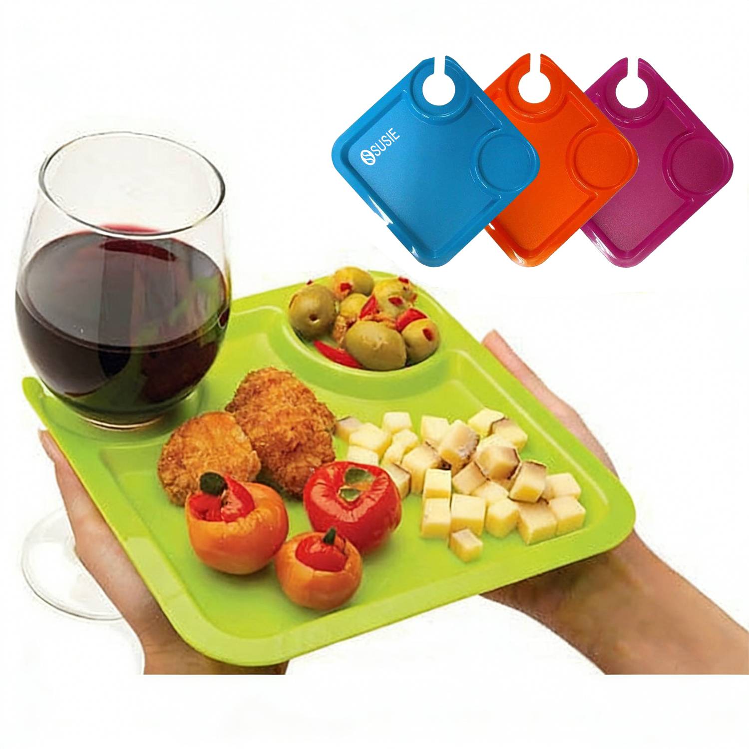 Plastic Square Party Plate w/ Stemware Holder