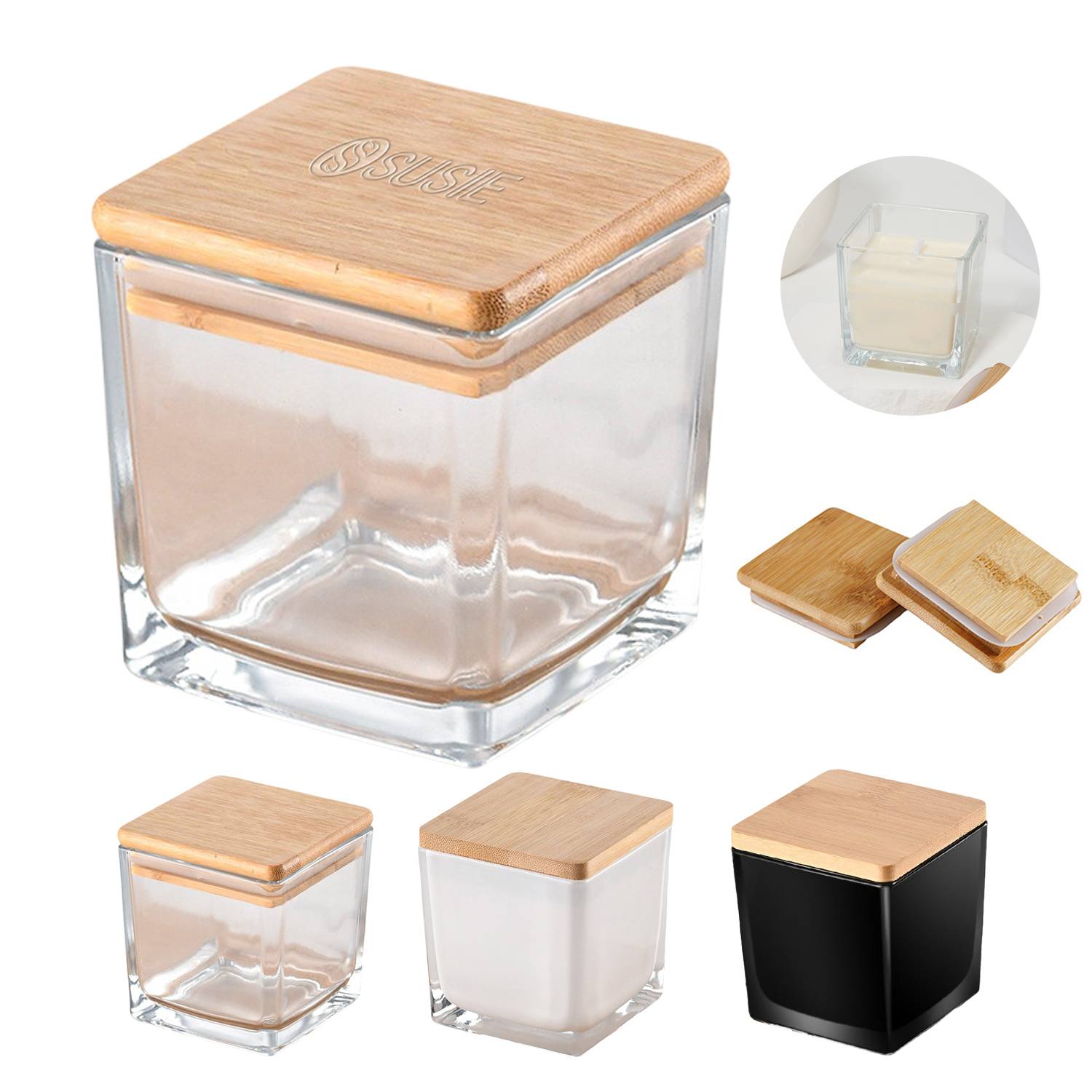 Glass Square Candle Holder w/ Bamboo Lid