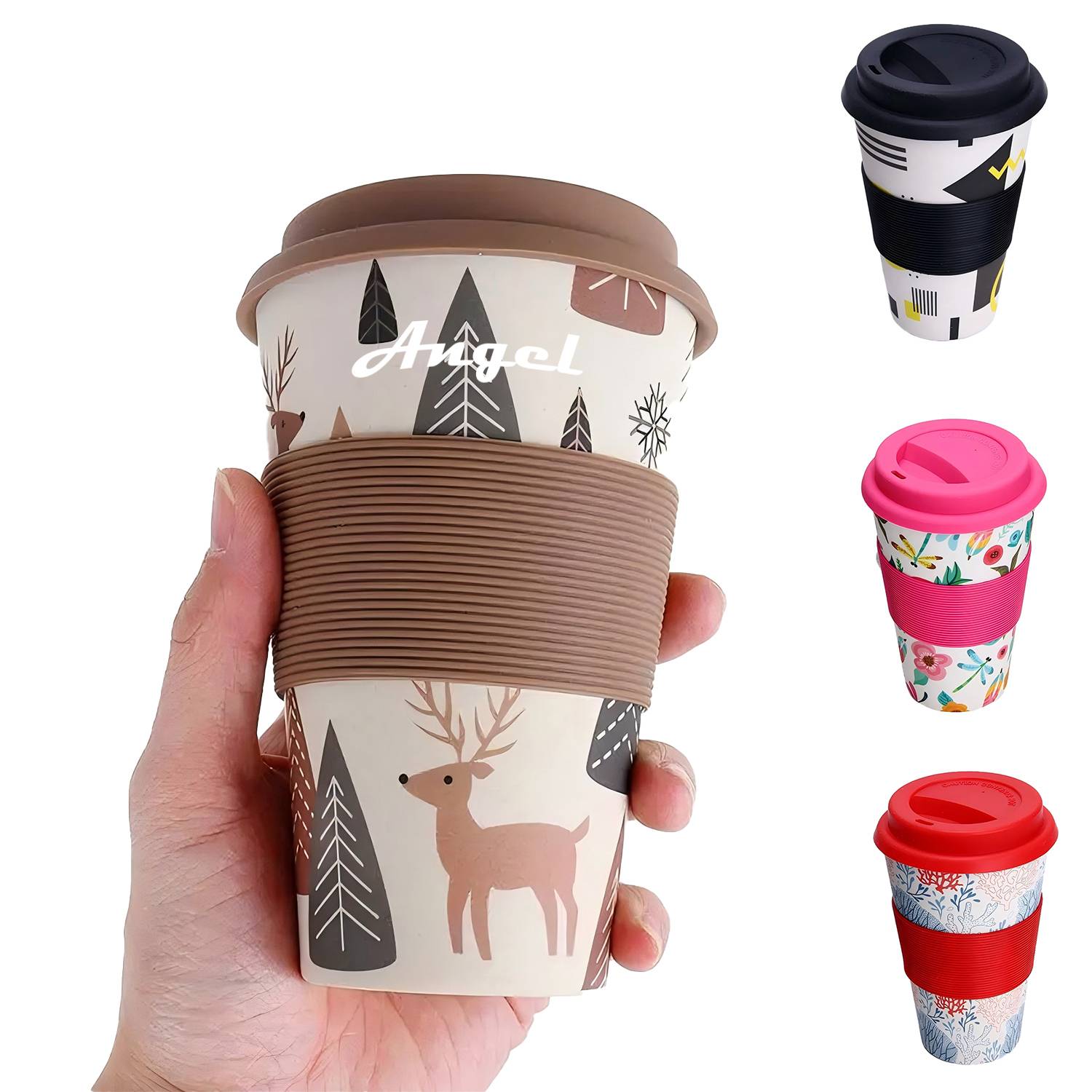 14oz Silicone Sleeve Eco Bamboo Fiber Coffee Cup