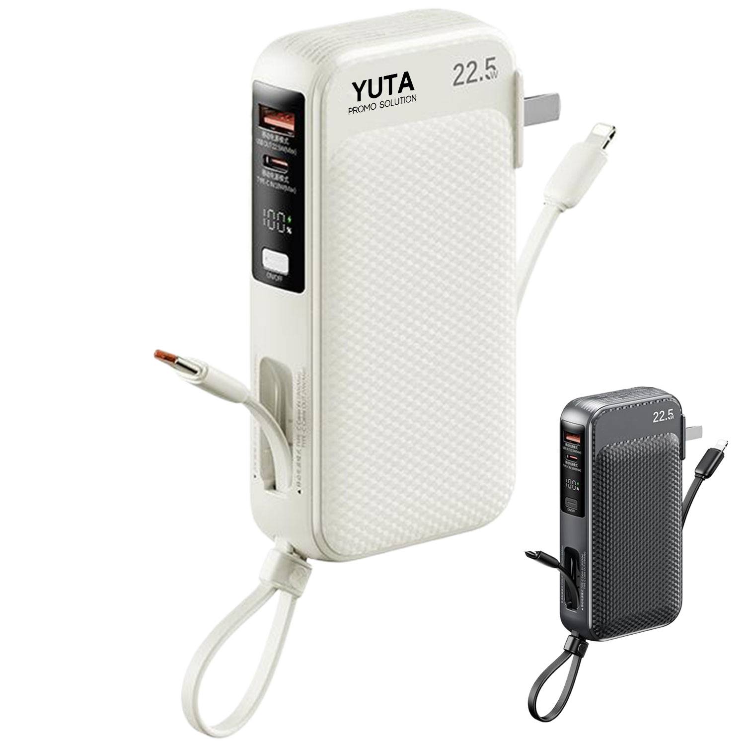 10000mAh Dual Fast Charge Travel Power Bank w/ Cables