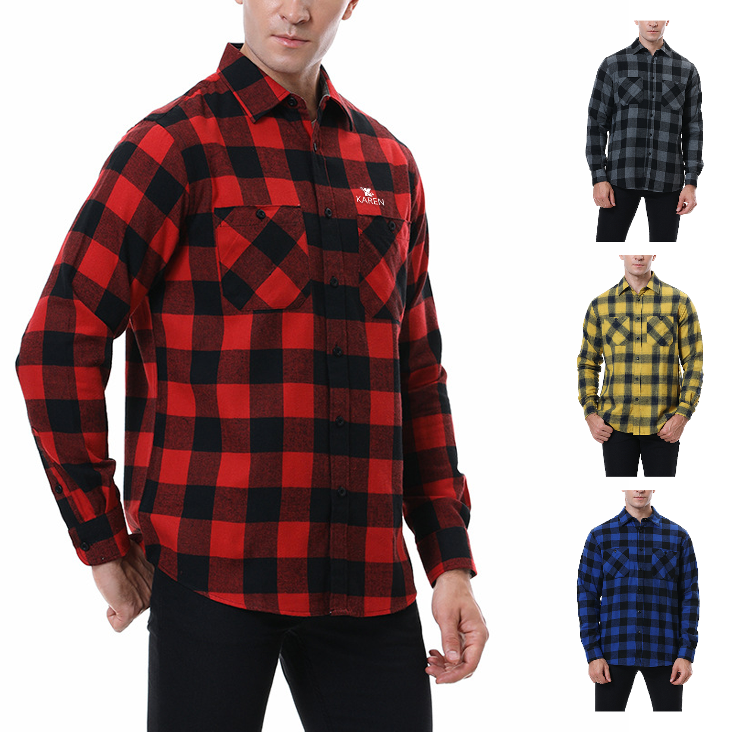 Men Casual Button Long Sleeve Plaid Shirt w/ Double Pocket