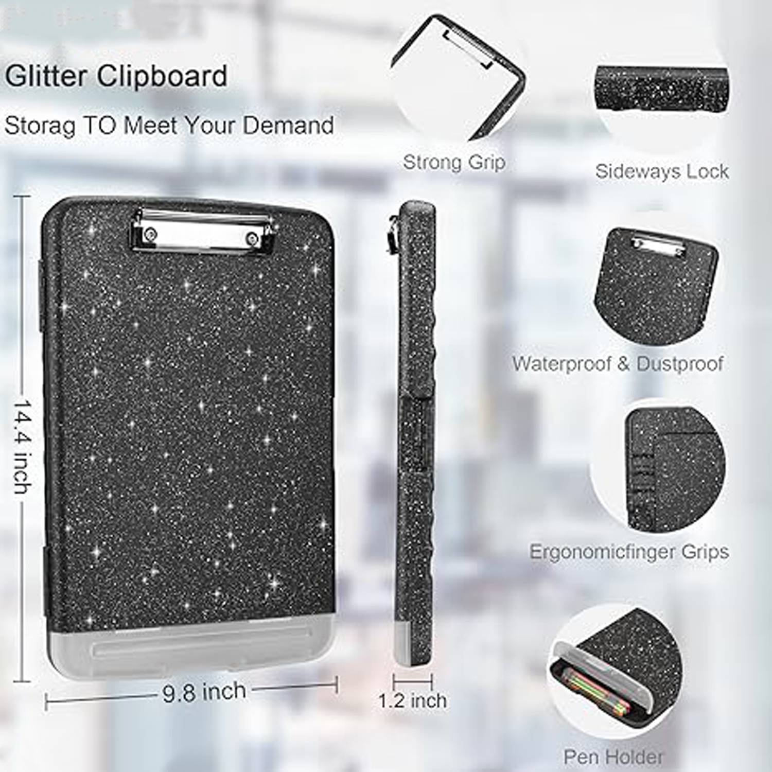 Glitter A4 Plastic Storage Clipboard w/ Pen Holder - Image 8