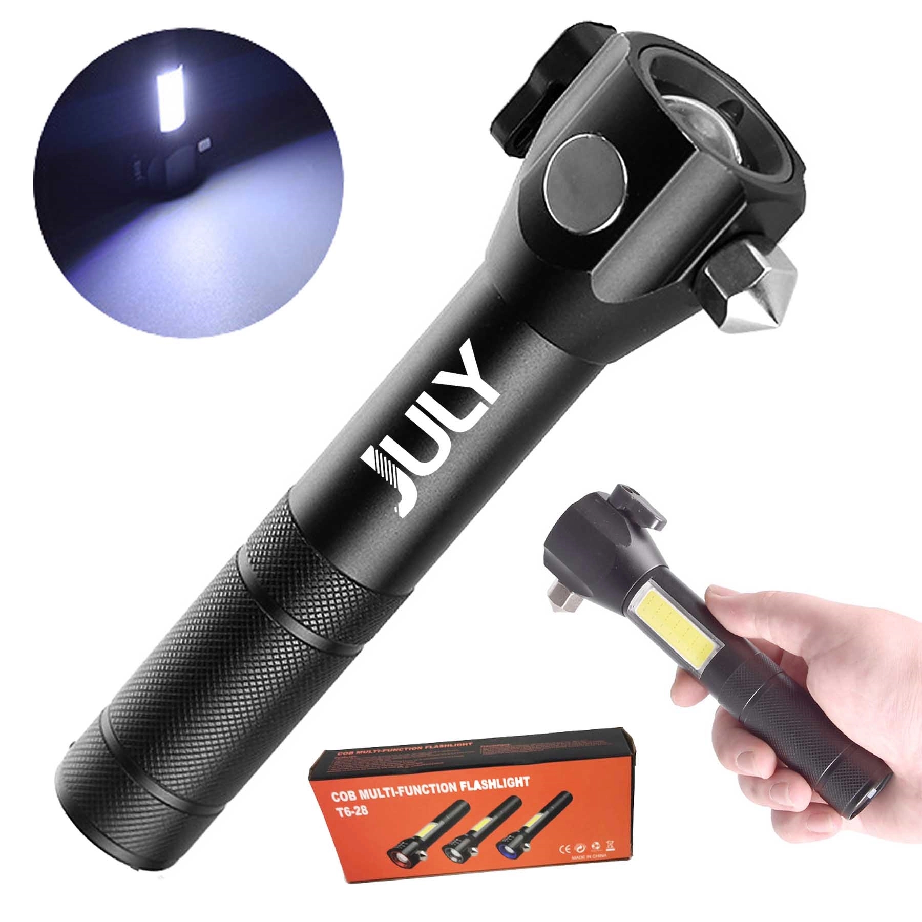 Multi-Function Cob Flashlight With Safety Hammer