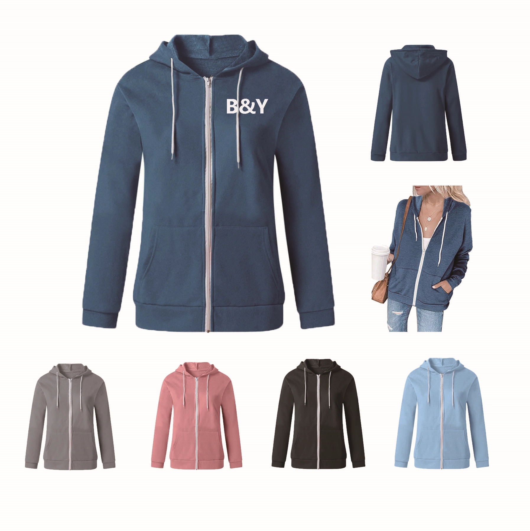 Women'S Color Block Zip Up Hoodie Sweatshirt/Long Sleeve