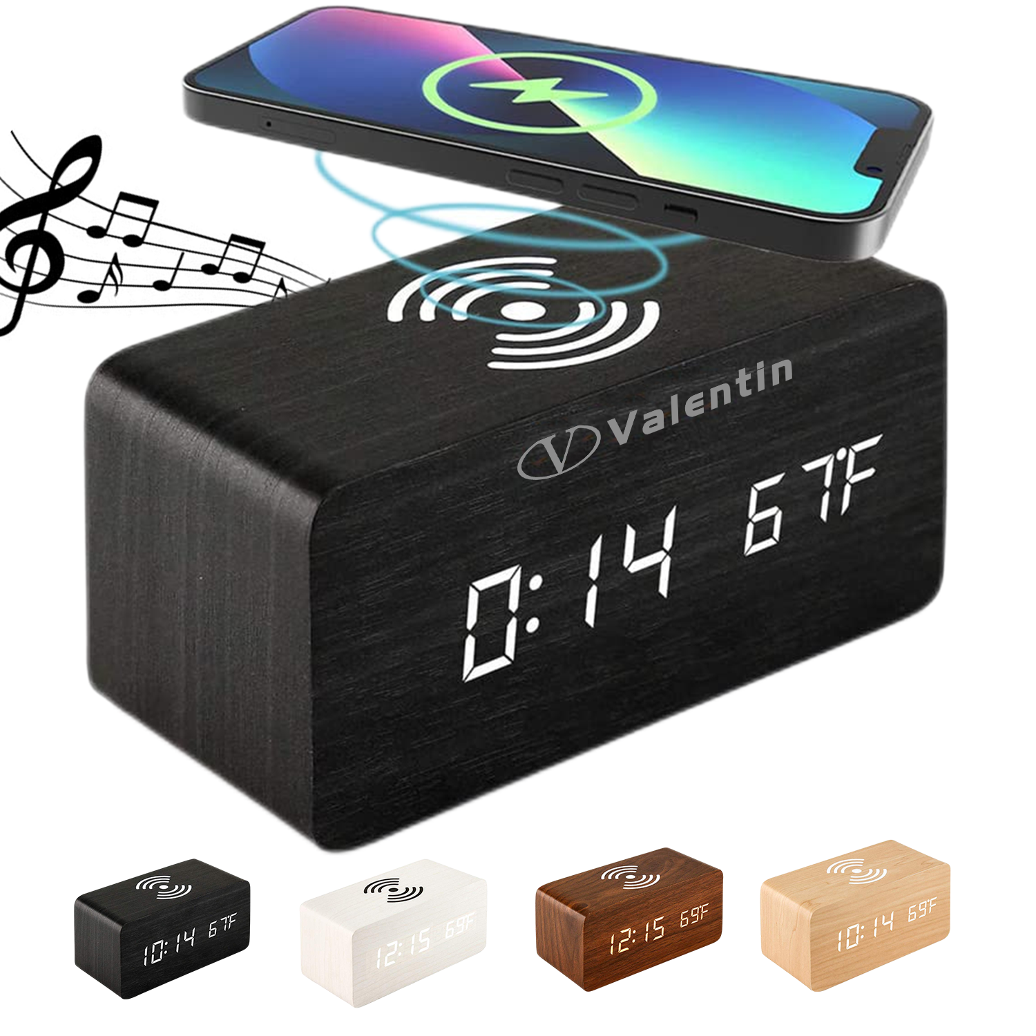 Wooden Wireless Charging Alarm Clock With Bluetooth Speaker