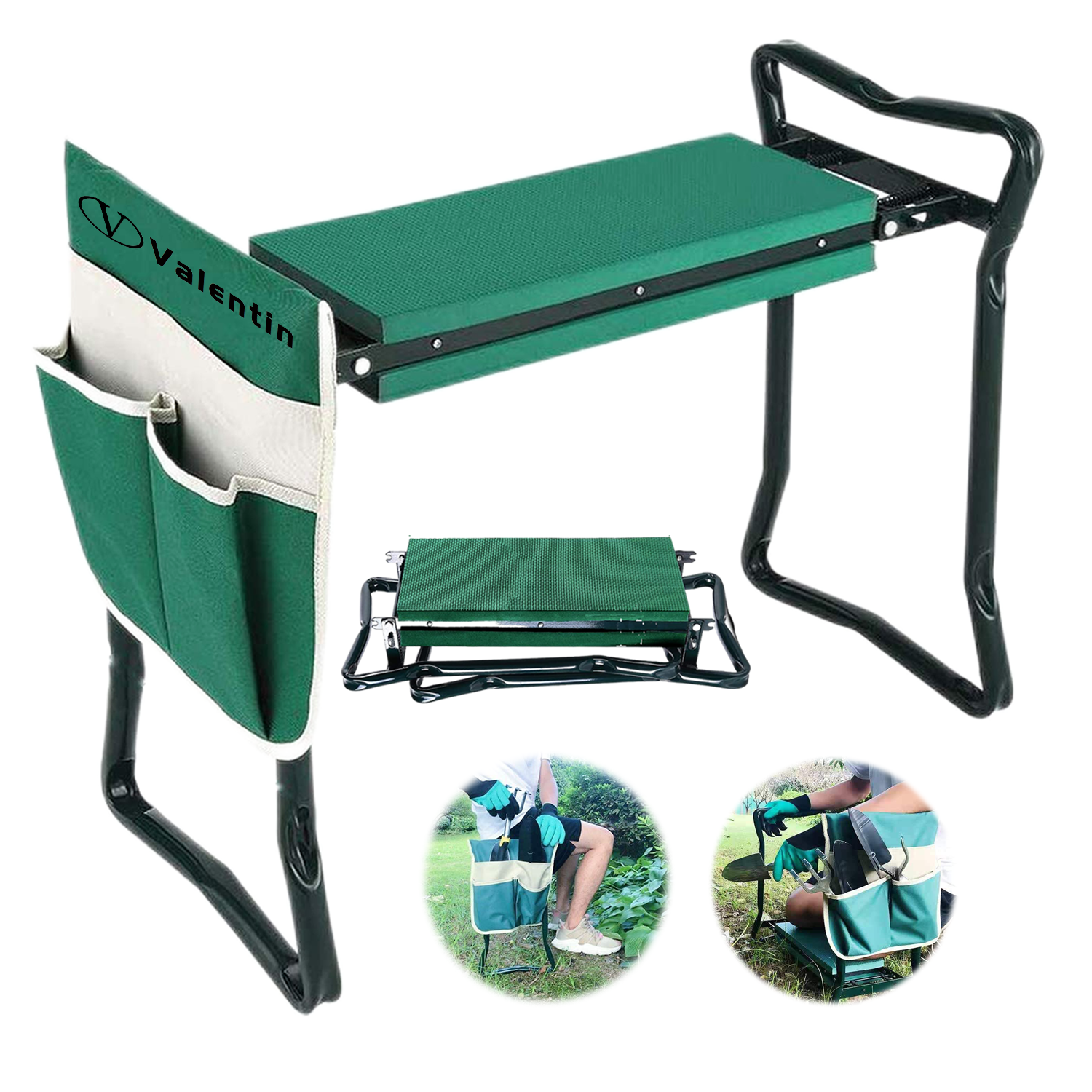 Foldable Gardening Stool Kneeling Bench With Tool Pouch