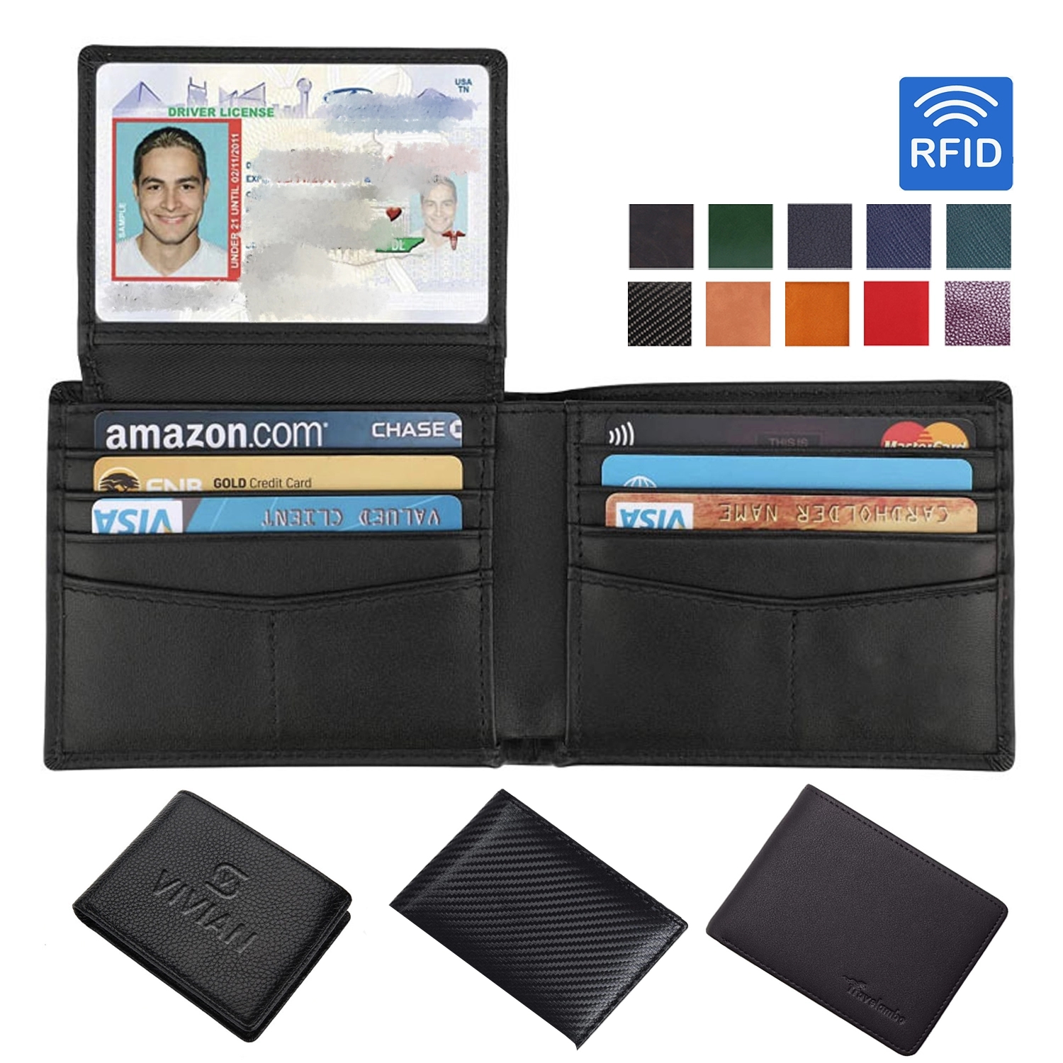 Men Geniune Leather Bifold Wallet W/ Rfid Blocking