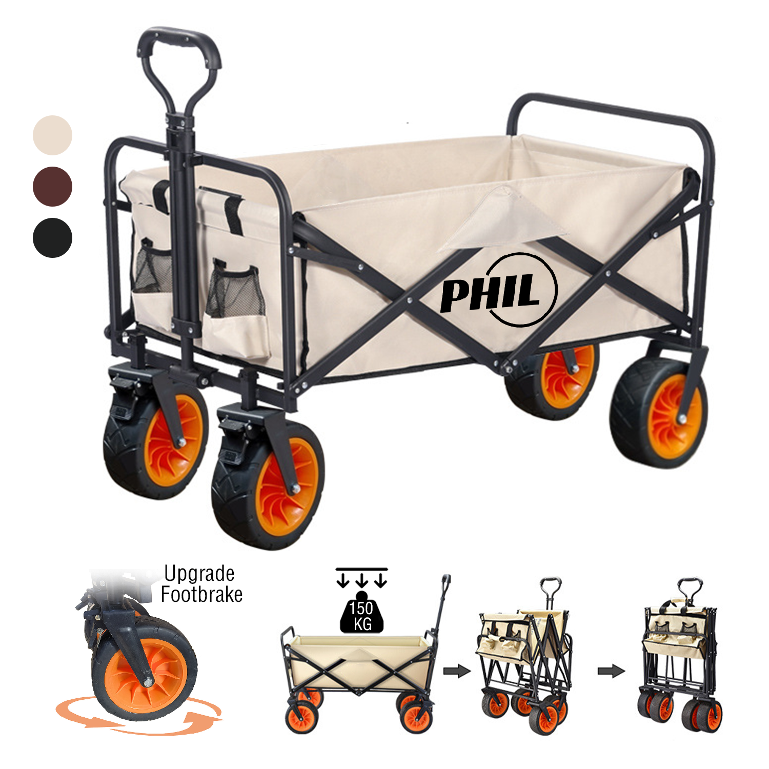 Collapsible Folding Utility Wagon Quad Cart With Beach Wheel