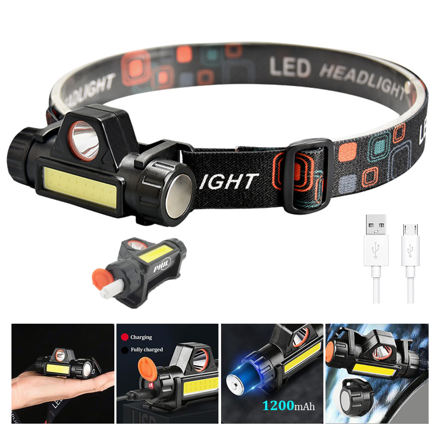 Led & Cob Rechargeable Headlamp With Magnet