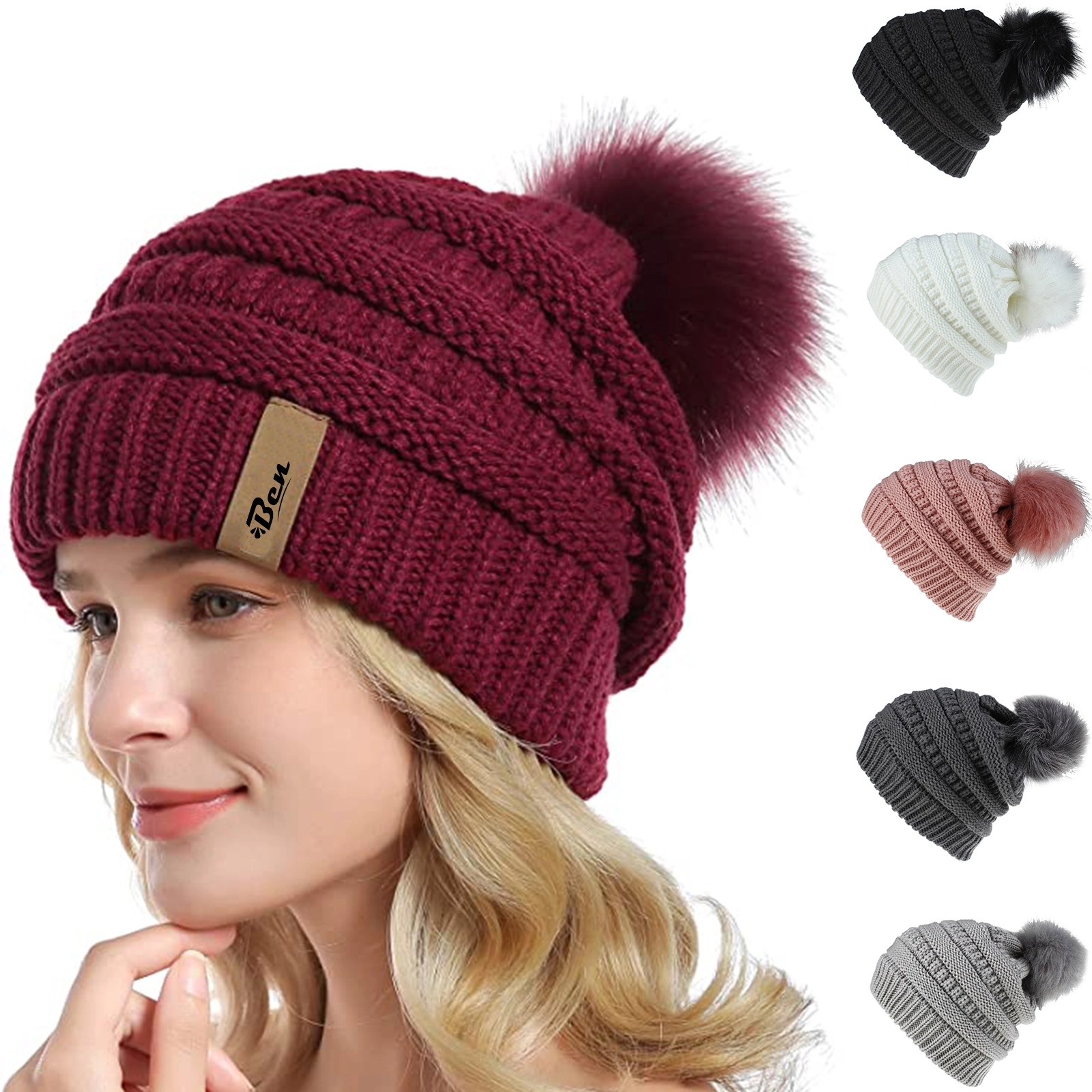 Custom Knitted Multiple Color Blend Pompom Beanie Winter Hat
