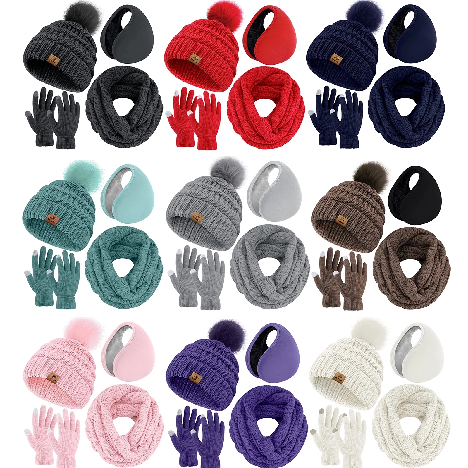Winter Warm Set Knitted Scarf Beanie Hat Touchscreen Gloves