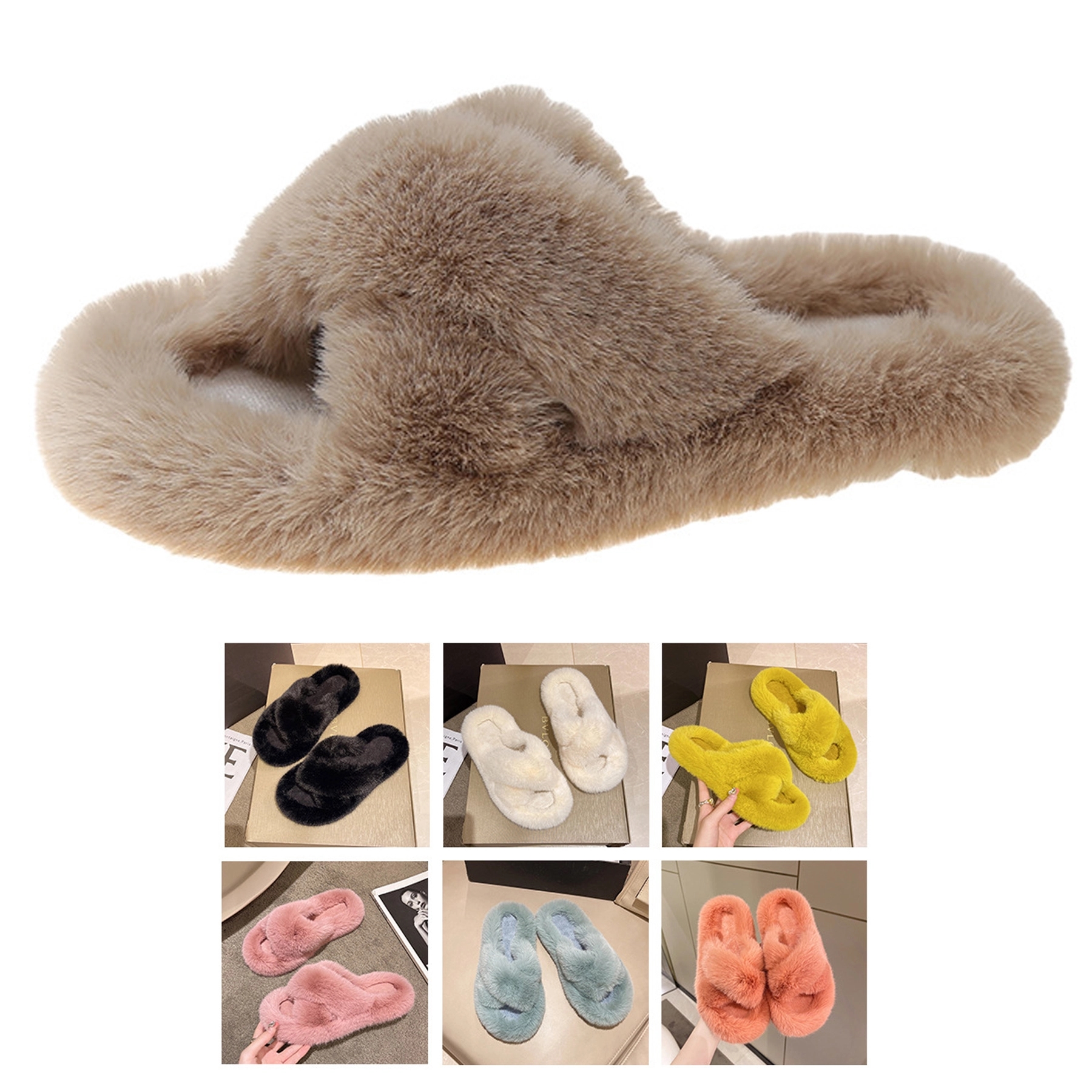Fluffy Cross Band Slippers