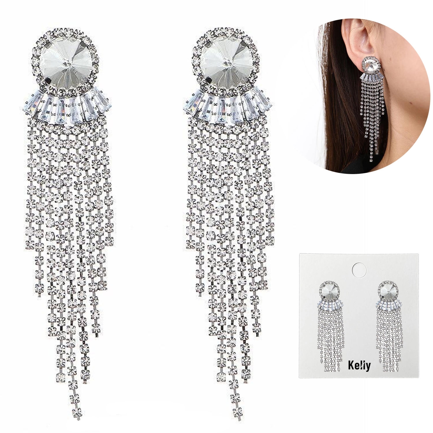 Long Tassel Rhinestone Earrings