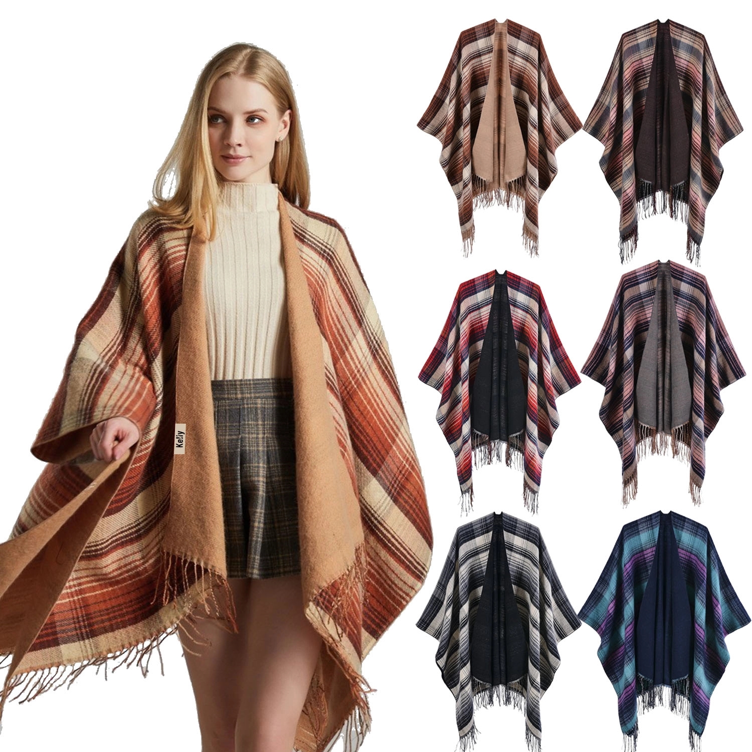 Women Plaid Cape Fringe Shawl