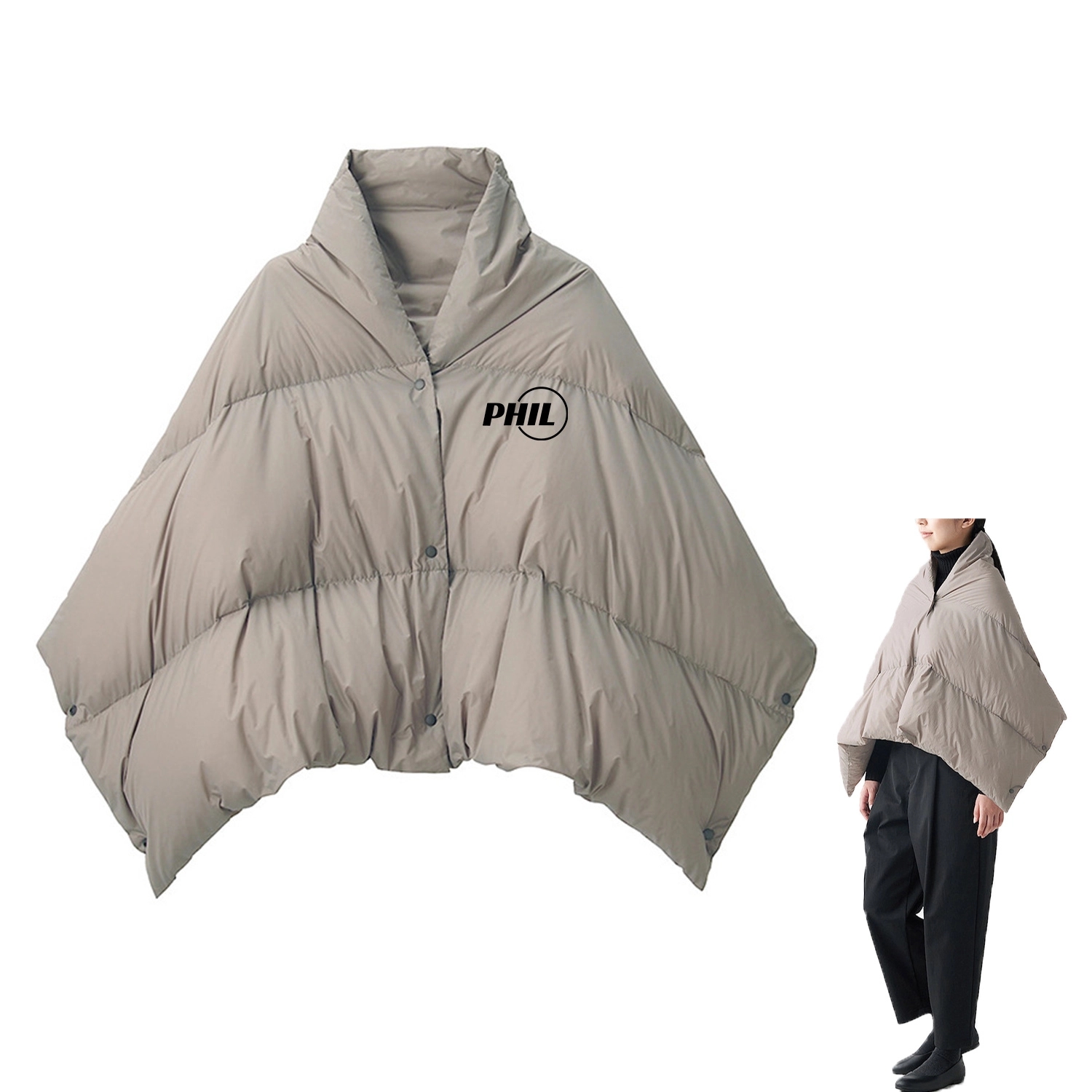 Down Cape Puffer Poncho Warm Jacket One Size Outwear
