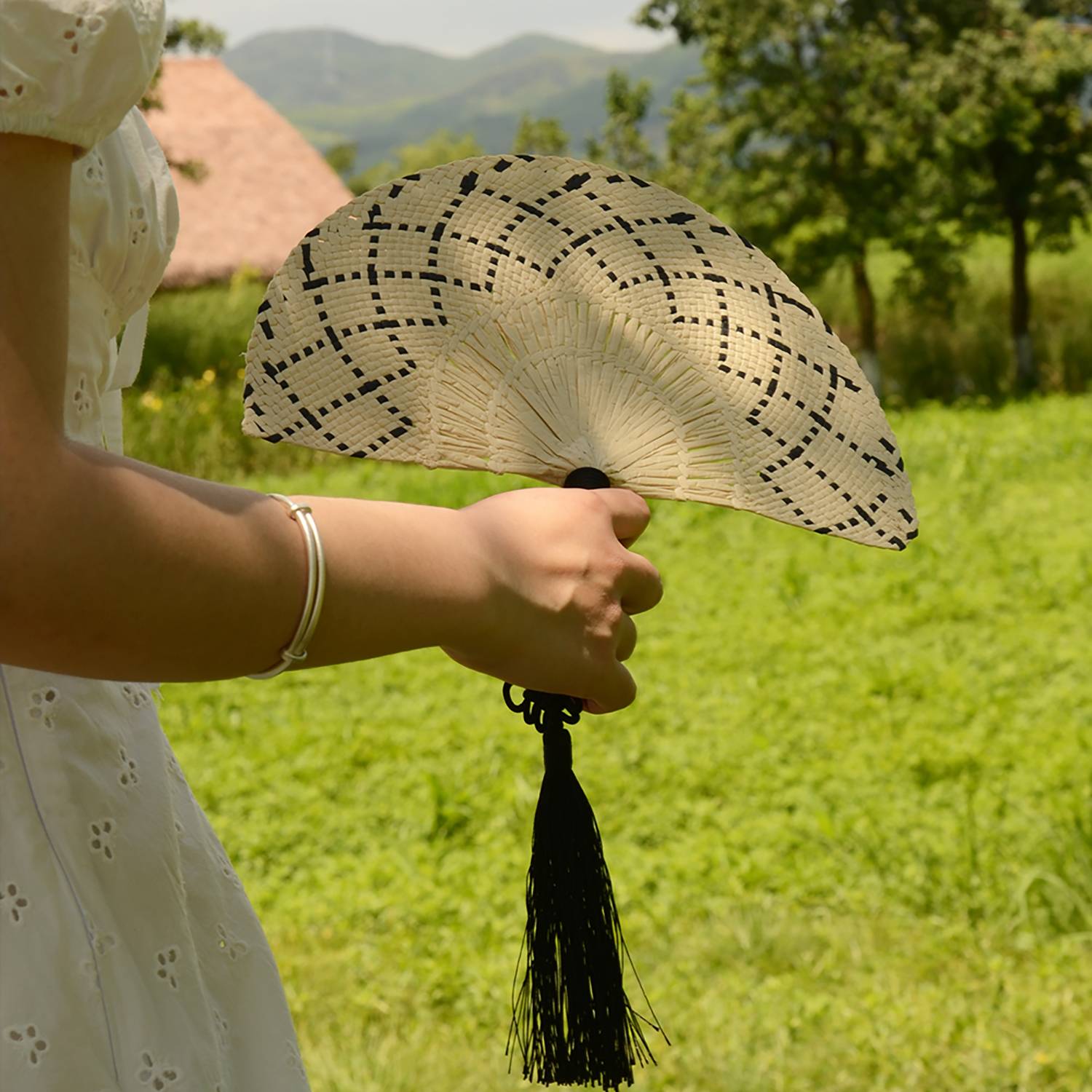 Natural Hand Woven Straw Fan w/ Tassel - Image 7