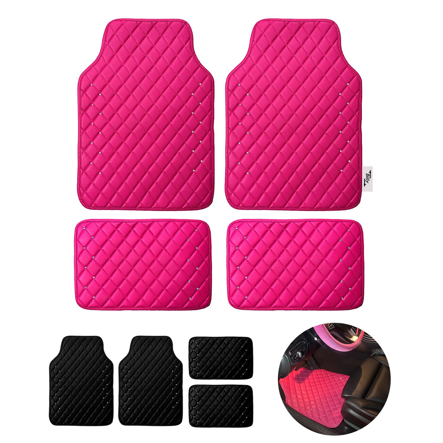 4 Pieces of Luxurious Pink Sparkling Leather Car Mats