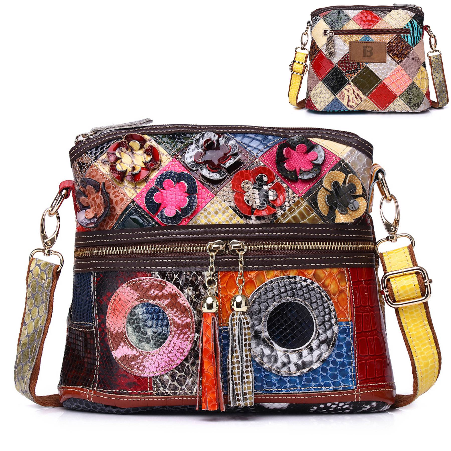 Genuine Leather Contrasting hand-fringed floral paneling bag