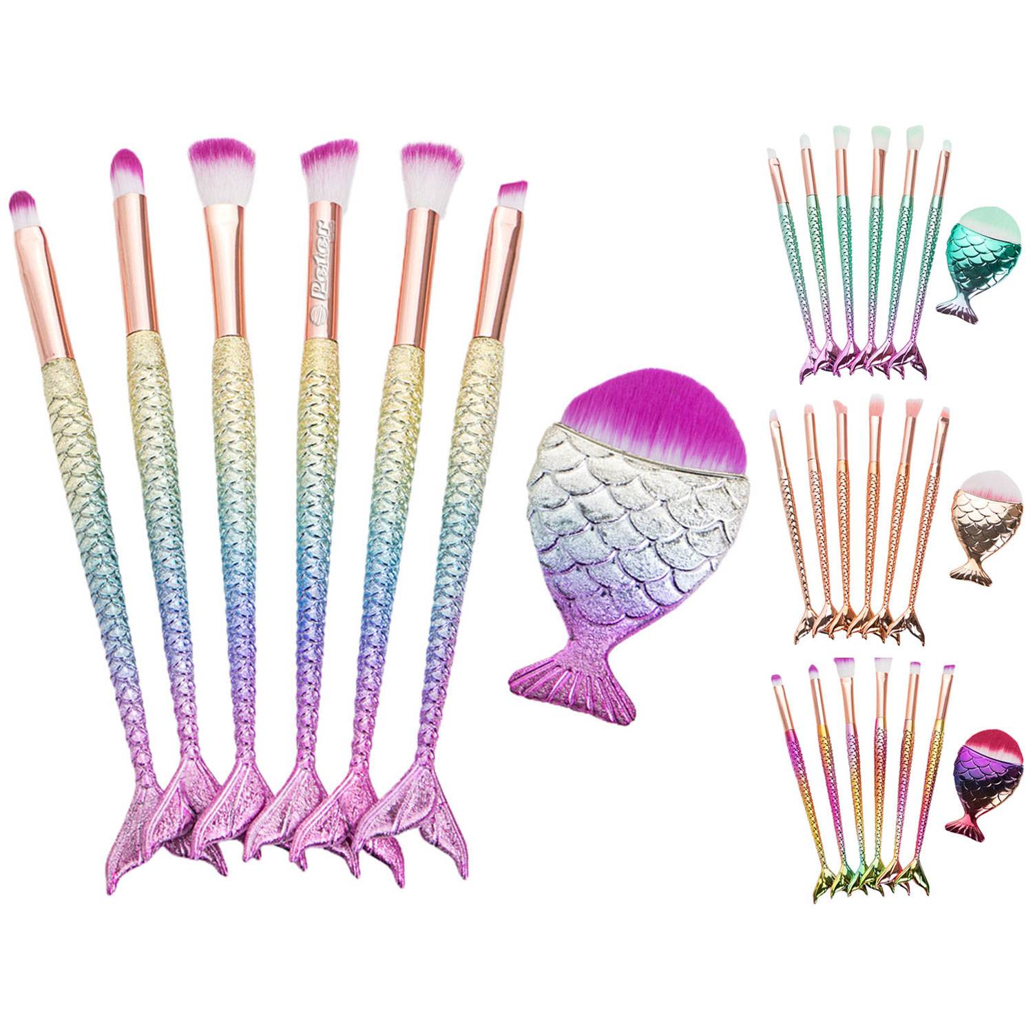 7Pcs Mermaid Makeup Brush Set with Soft Nylon Bristles