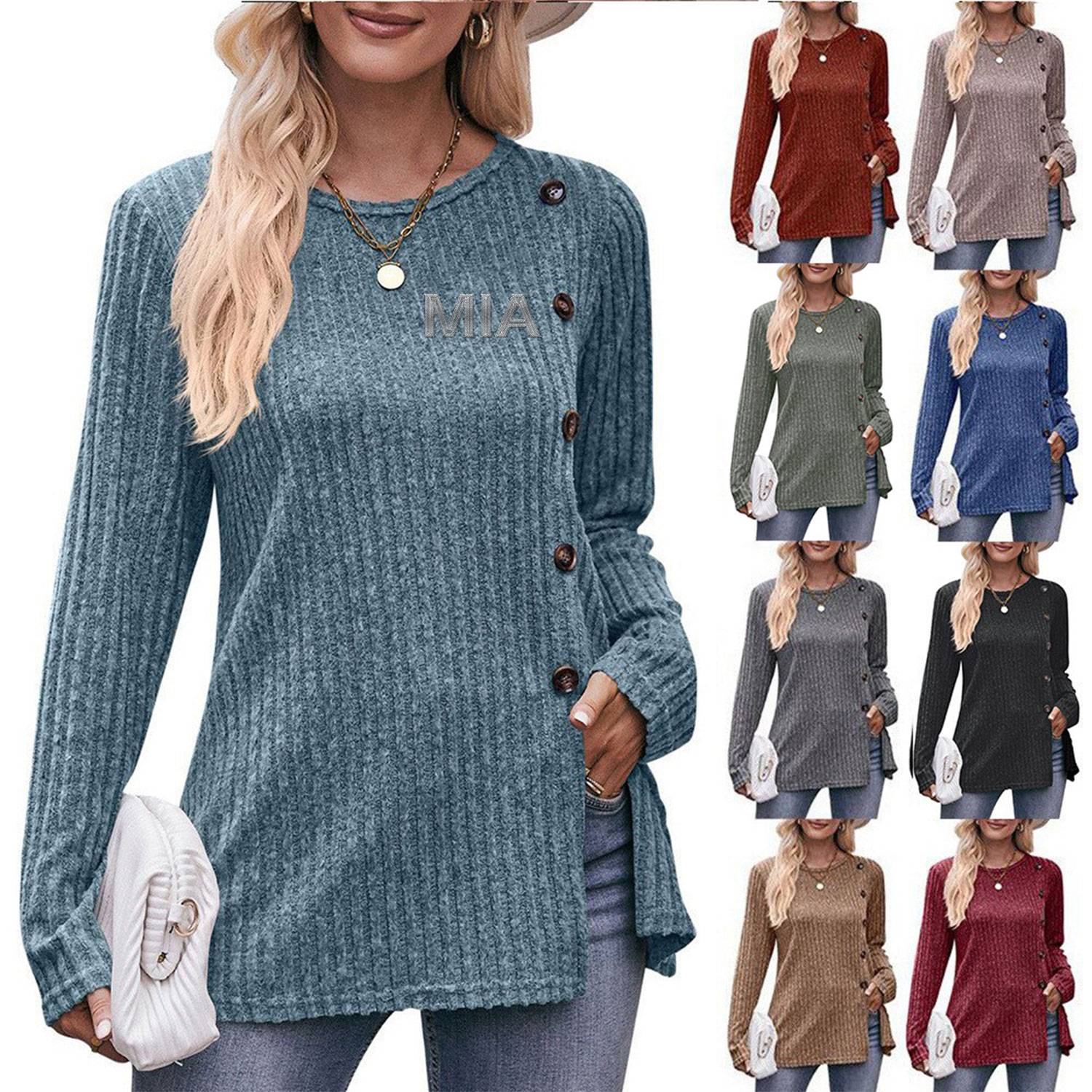 Women's solid color slit button T-shirt