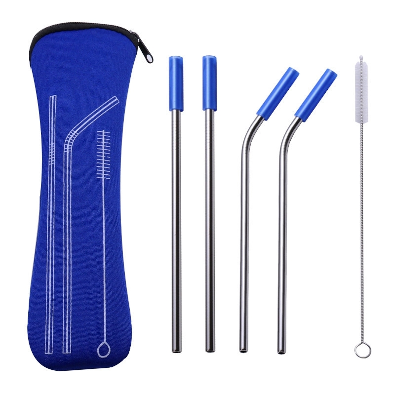 Silicone Tips Stainless Steel Straws Set w/ Bag