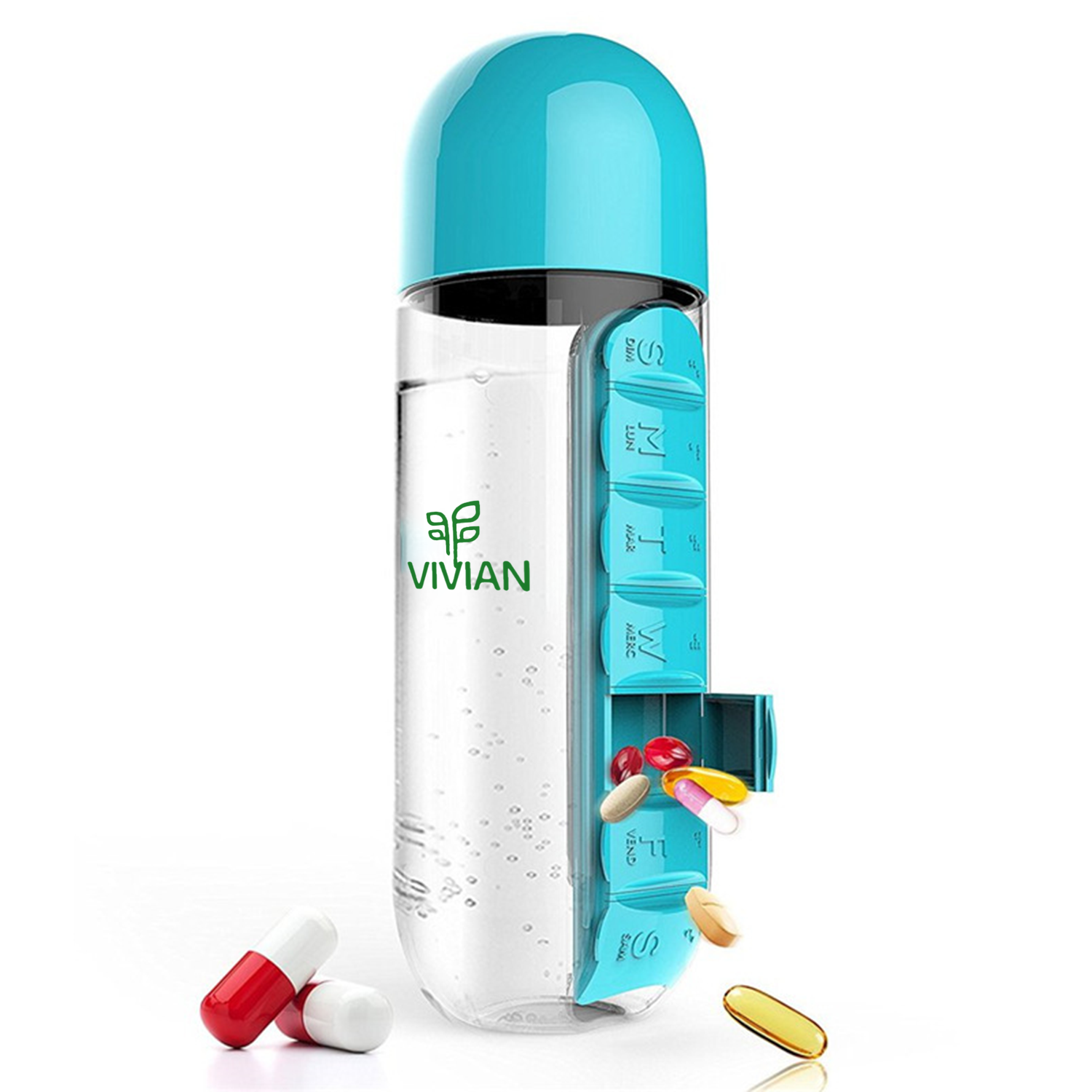 7 Day Pill Box Organizer Water Bottle