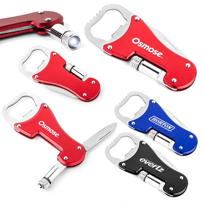 Multifunctional bottle opener with light and knife