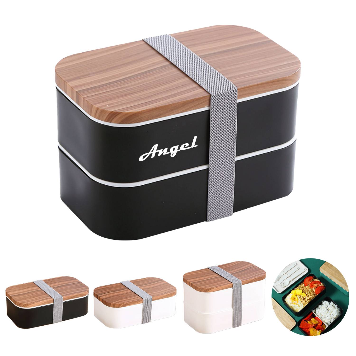 Wooden grain double layer plastic bento lunch box