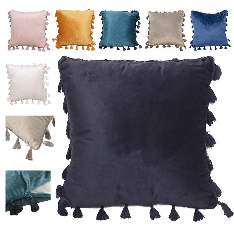 Soft Velvet Solid Square Throw Pillow With Tassels