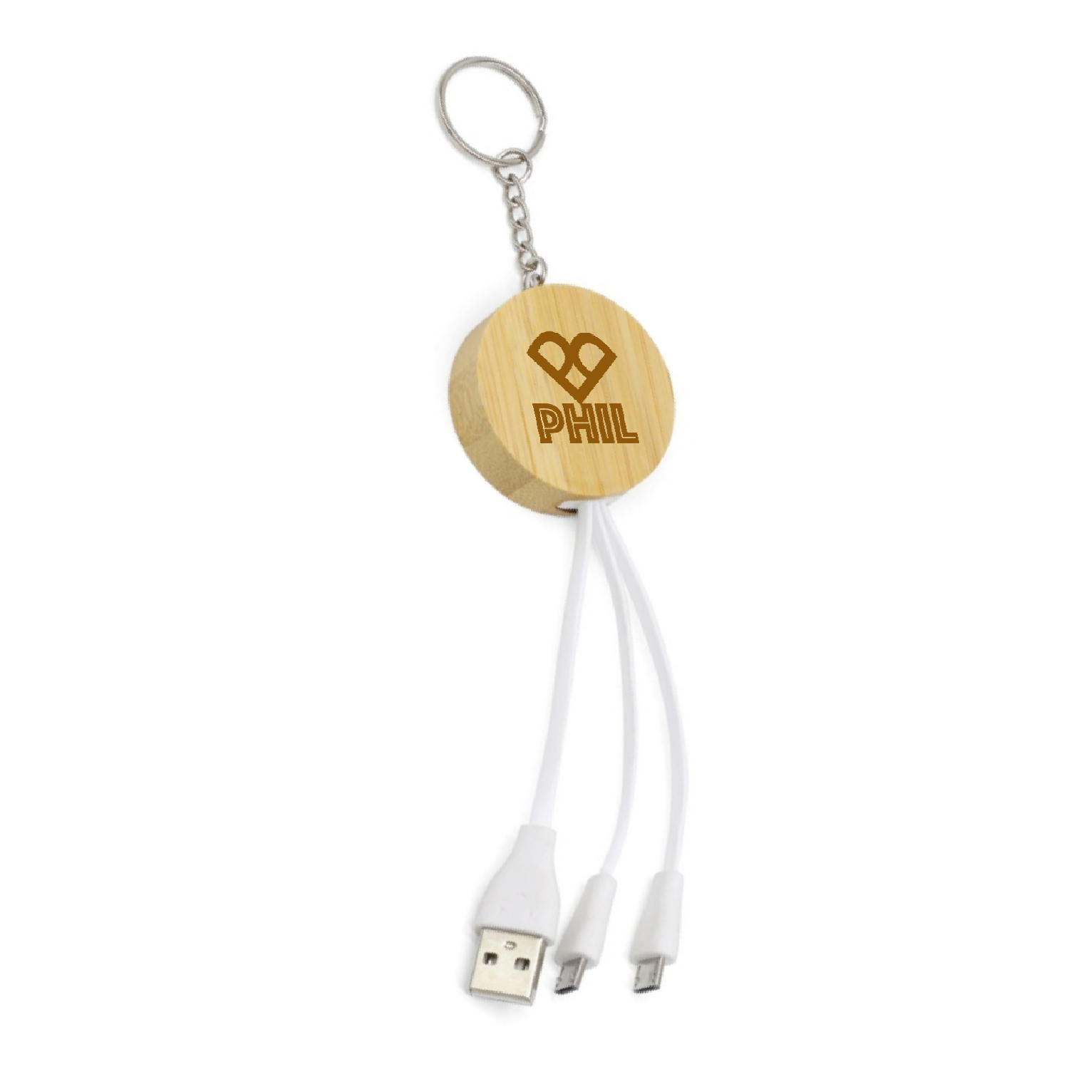 3-In-1 Bamboo Usb Data Cable Keychain