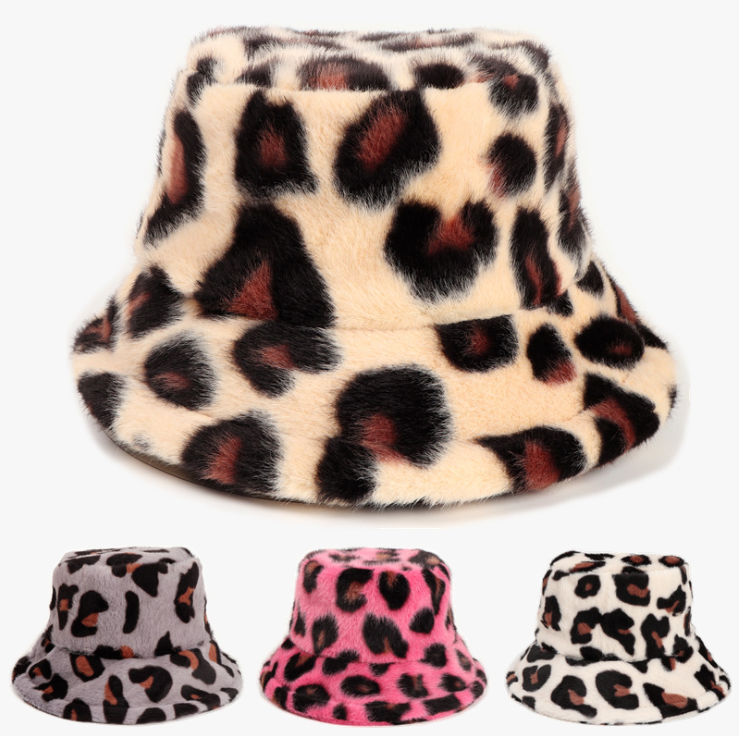 New plush leopard pattern bucket hat winter