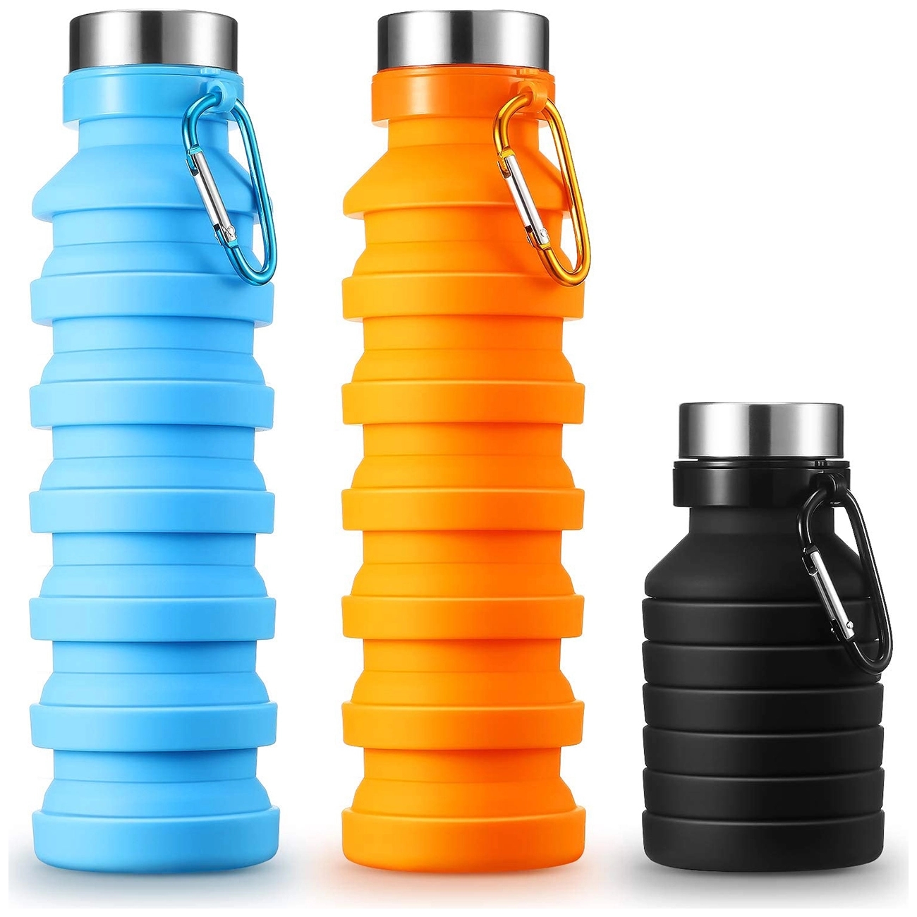 18oz Collapsible Silicone Water Bottles with Carabiner
