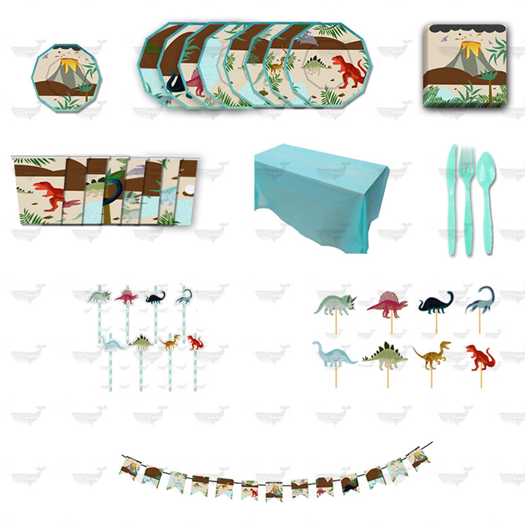 Dinosaur Party Supplies Set Serves 8 - Blue Paper Plates