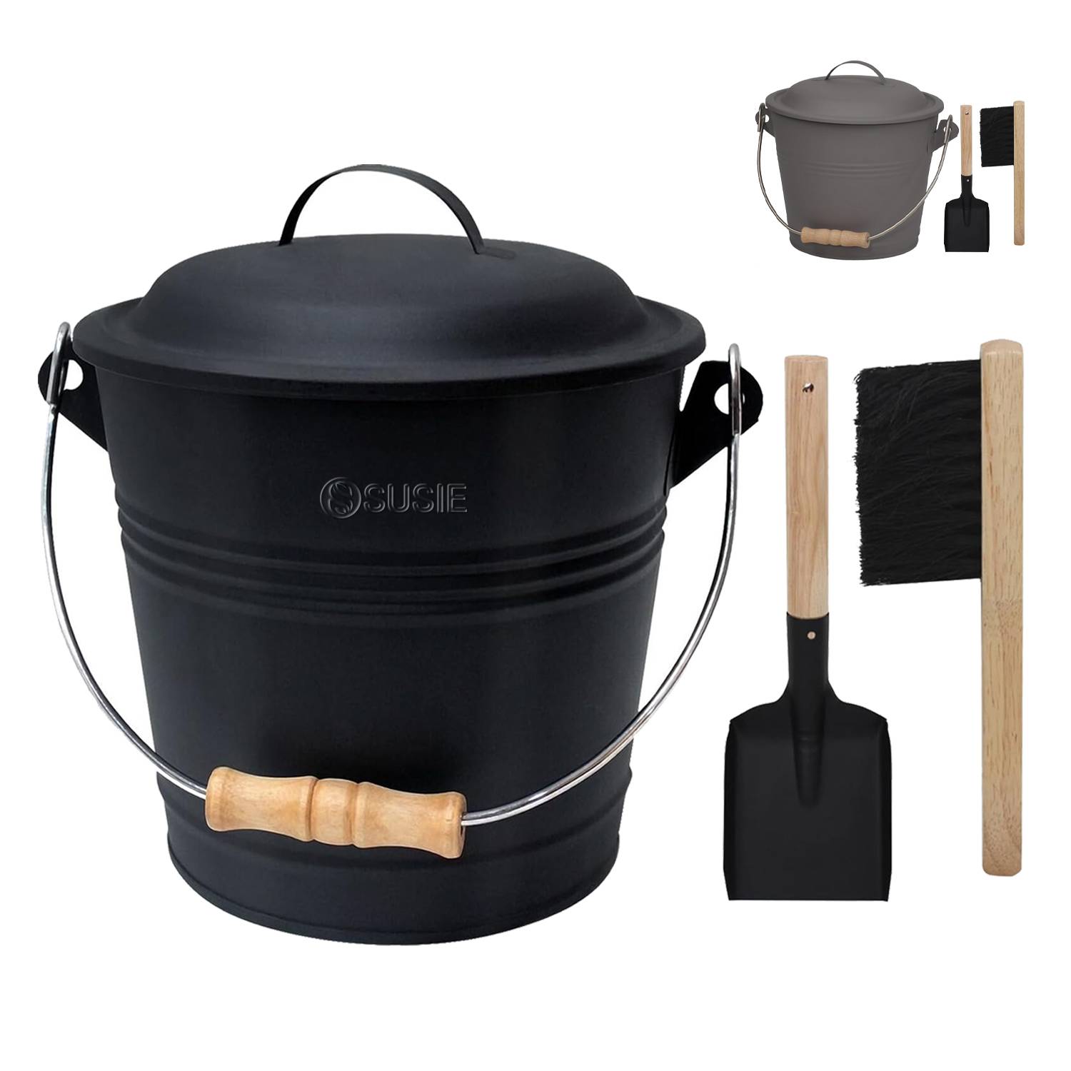 Mini Fireplace Ash Bucket Set w/ Lid, Brush & Shovel
