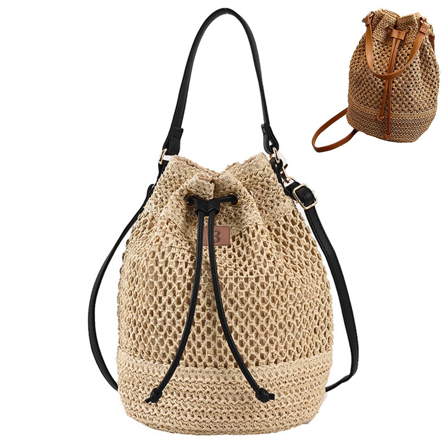 Jute Woven Beach Drawstring Bucket Handbag Crossbody Bag