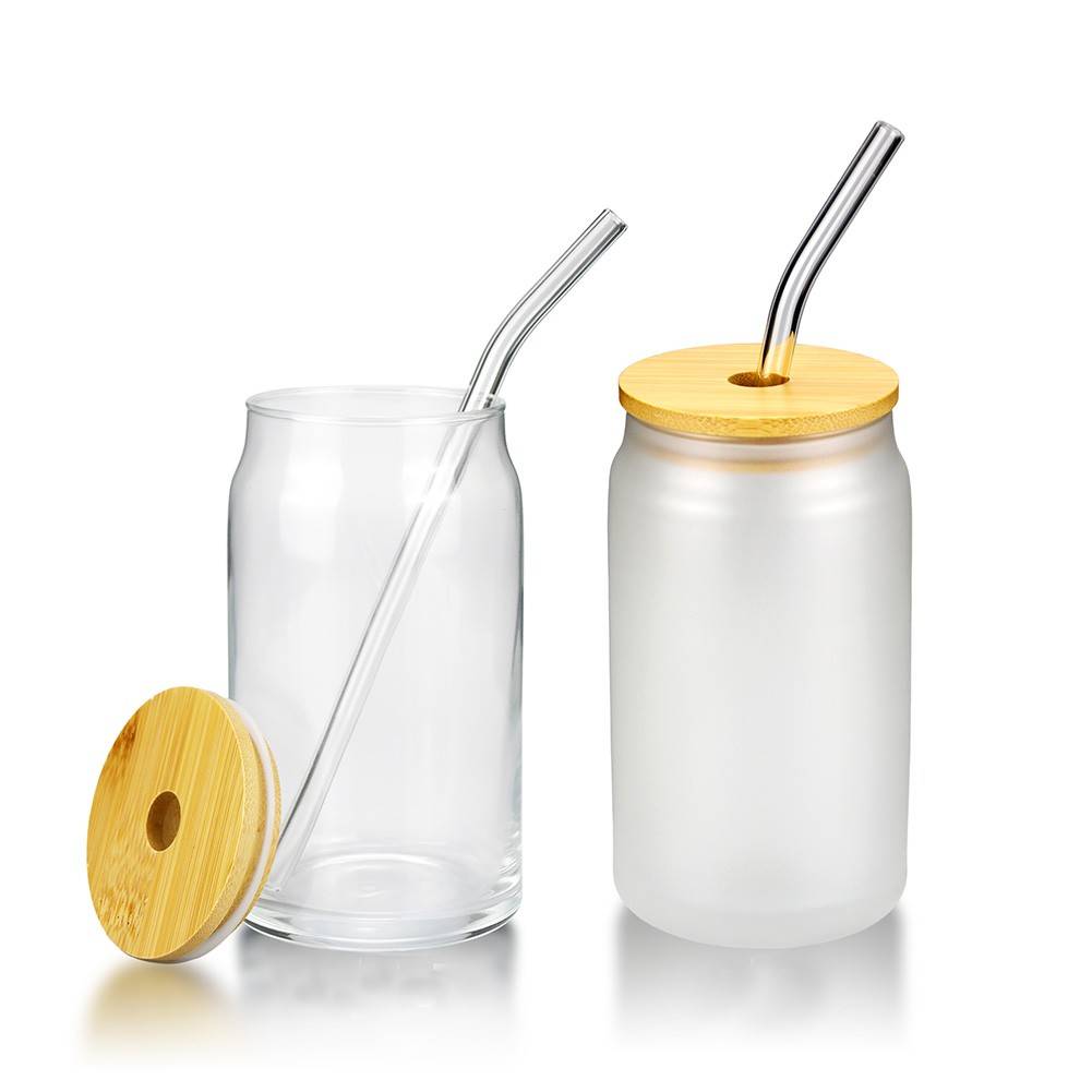 12/16 OZ Glass Mason Jar Drinking Cup With Bamboo Lid and Straw