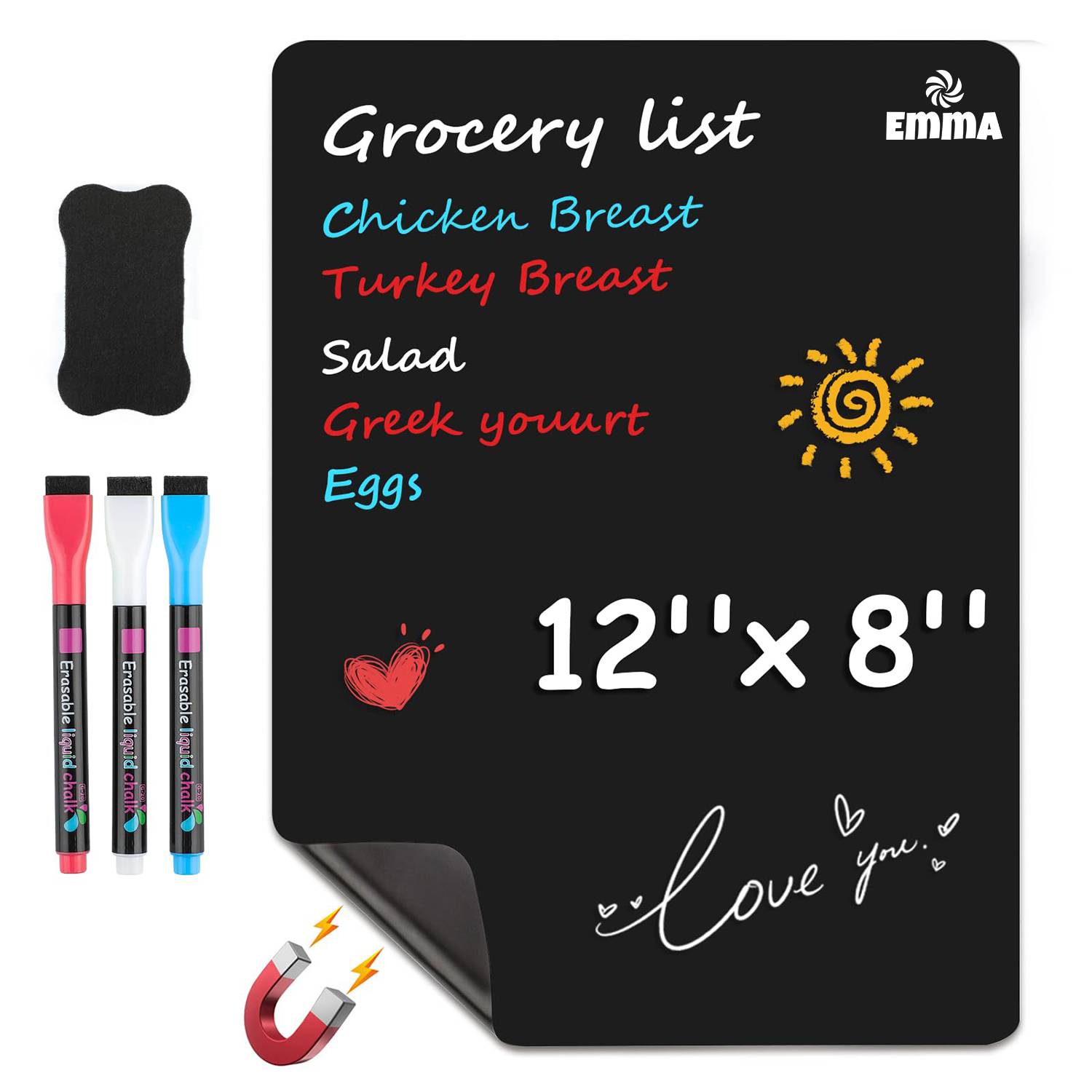Magnetic Black Dry Erase Board Sheet w/ 3 Markers