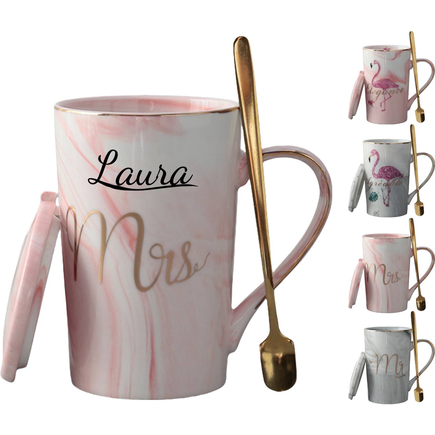 14oz Marble Pattern Ceramic Mug w/ Spoon