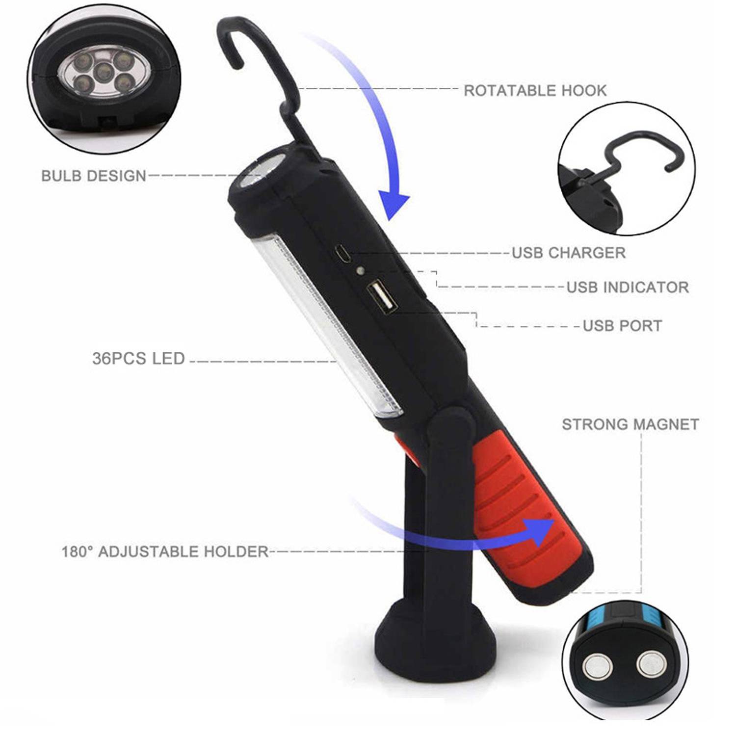 Adjustable Magnetic LED Work Flashlight w/ Hook - Image 7
