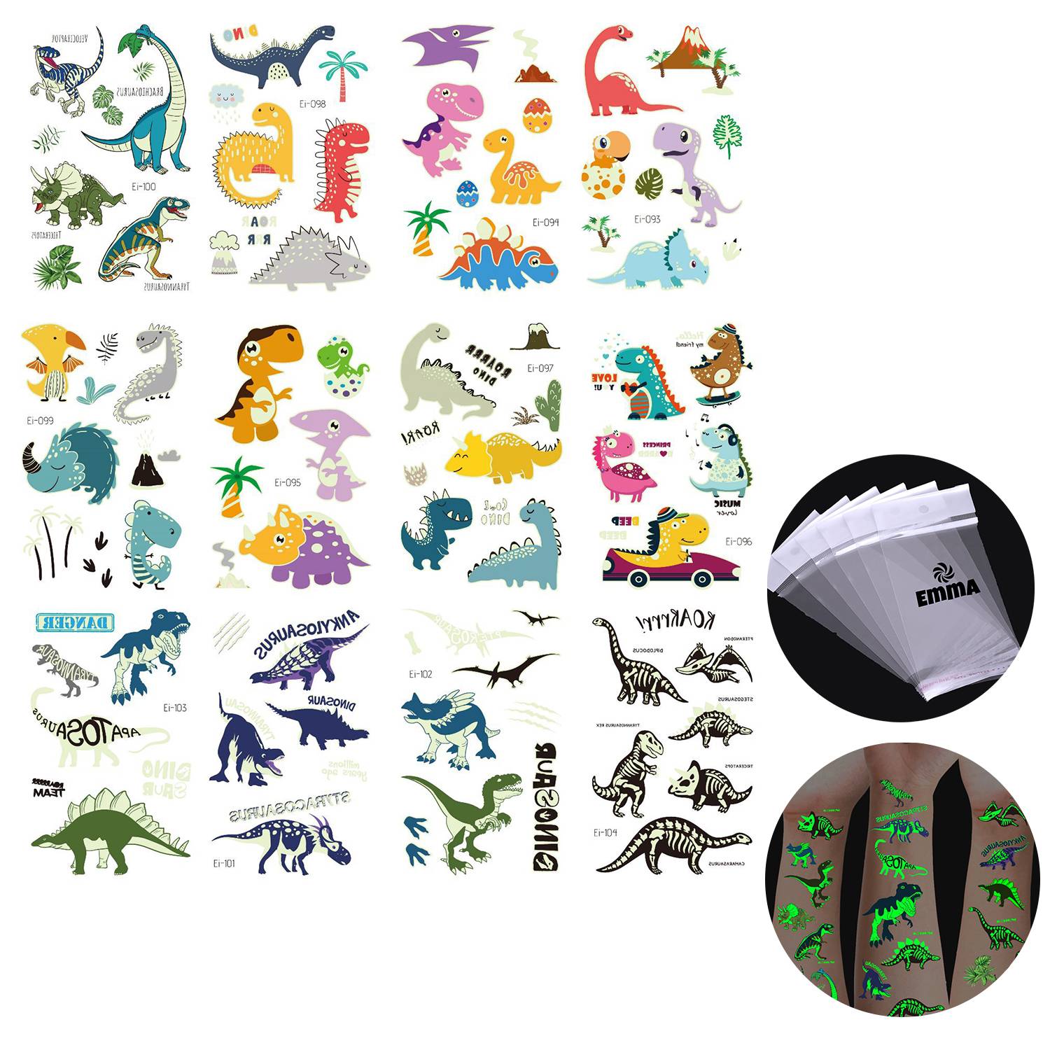 12-Pieces Luminous Dinosaur Tattoos