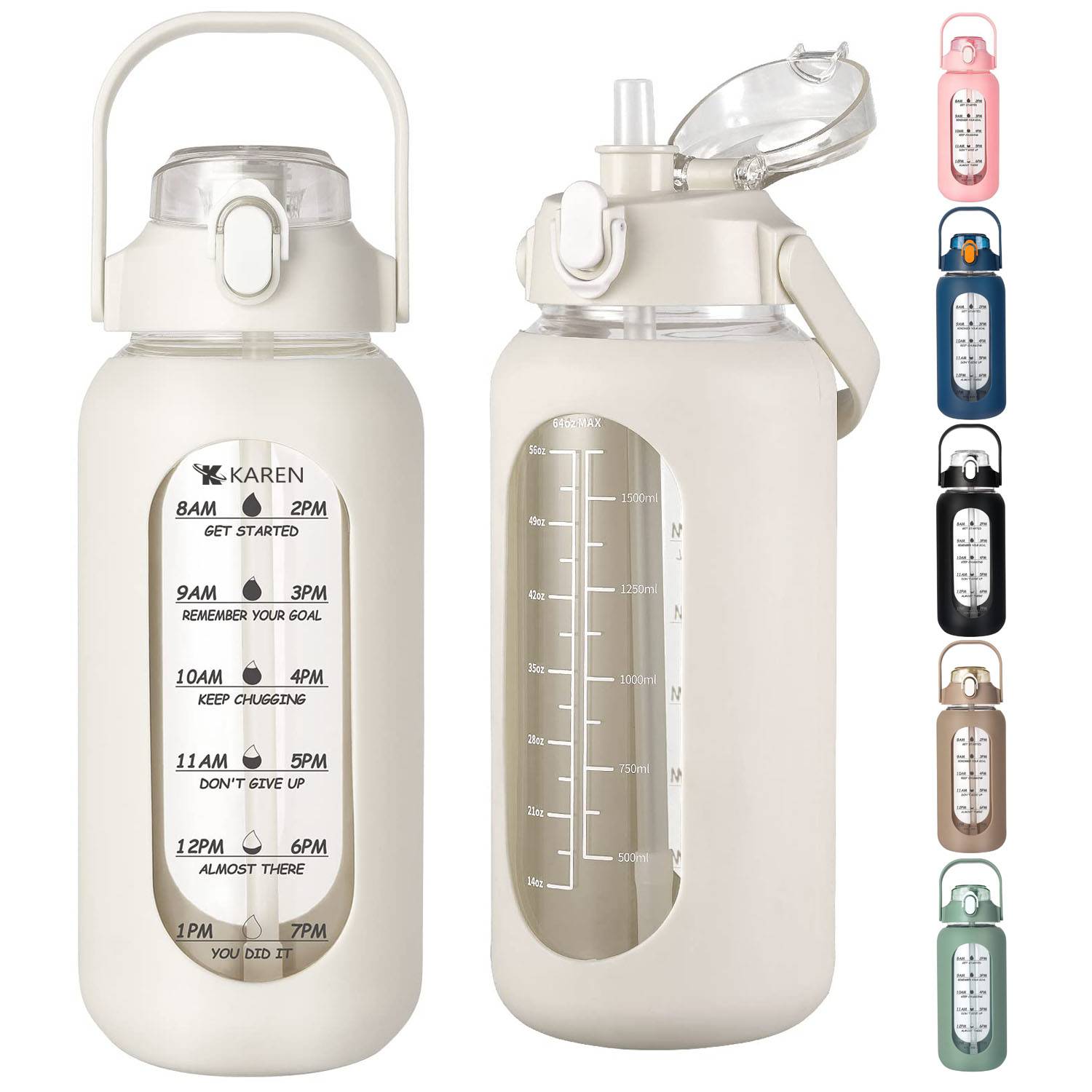 64oz Portable Glass Water Bottle w/ Straw Lid