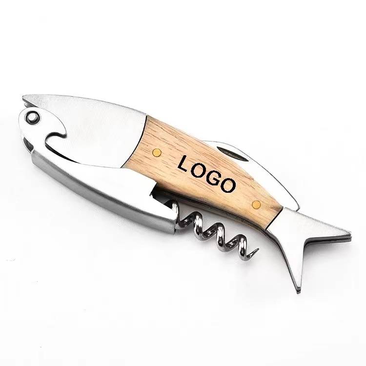Cute Fish Shaped Wine Opener Wood Handle Professional Metal Openers