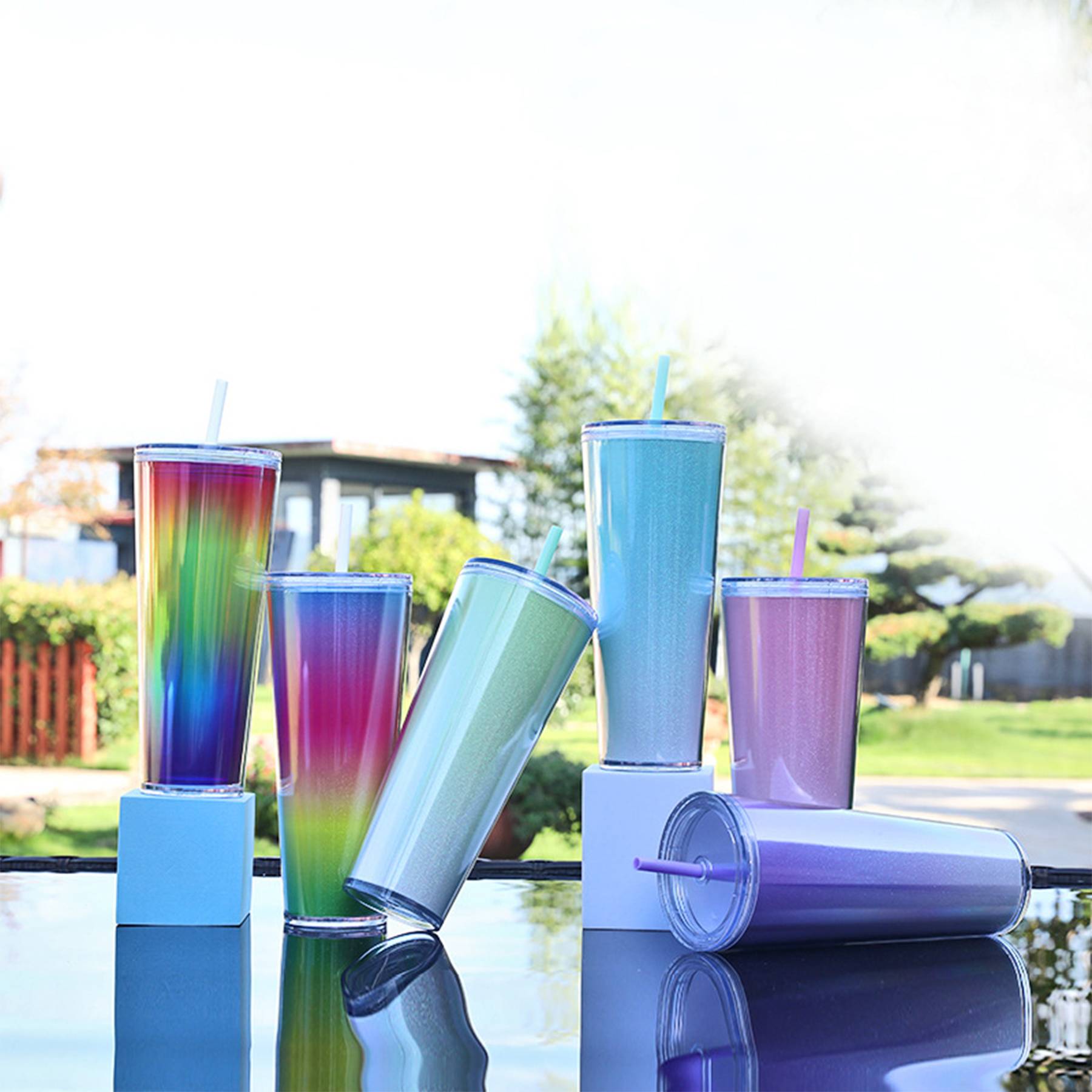 Gradient Color Plastic Straw Cup Bottles - Image 4