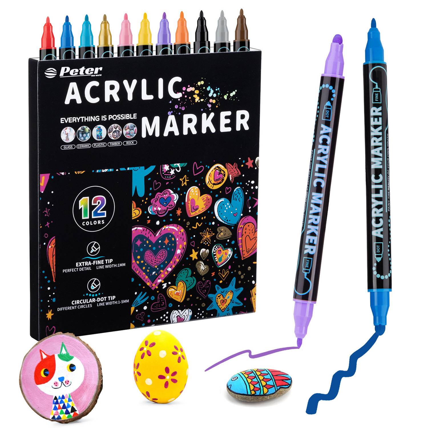 12 Colors Dual Tip Acrylic Marker Paint Pens